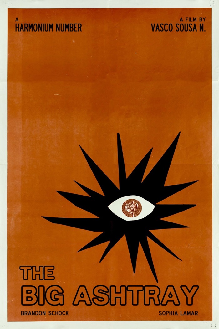 Poster for The Big Ashtray: a black starburst with an eye, an ashtray full of cigarette butts as its pupil, on a burnt-orange background.